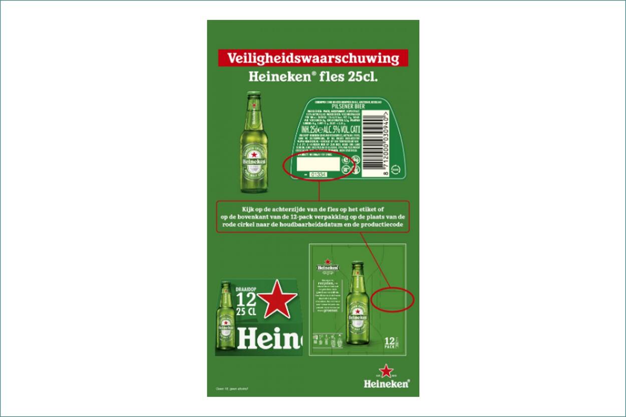 Veiligheidswaarschuwing 25 cl fles Heineken original, Heineken 0.0 en Heineken silver van Heineken (glasschilfers)
