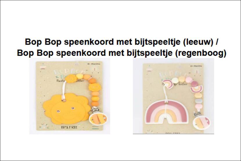 Veiligheidswaarschuwing Bop Bop Speenkoord met bijtspeeltje (leeuw en regenboog) van TK Maxx