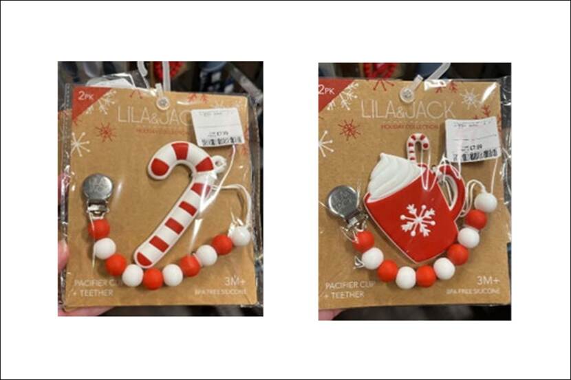 Veiligheidswaarschuwing Lila & Jack fopspeenkoord en bijtspeeltje in kerstthema