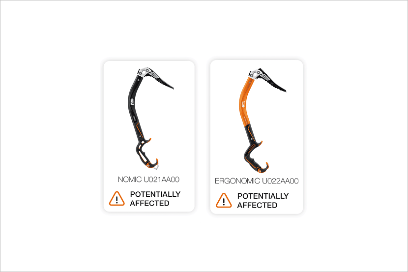 Veiligheidswaarschuwing Petzl NOMIC (U021AA00) en ERGONOMIC (U022AA00) ijsbijlen