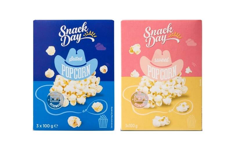 Veiligheidswaarschuwing Snack Day Magnetron Popcorn zout en Magnetron Popcorn zoet van Lidl