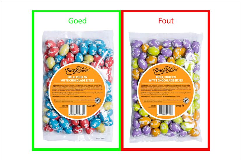 Veiligheidswaarschuwing Time2Choco Melk, Puur en Witte Chocolade Eitjes assorti 1000 gram zak (hazelnootallergie)