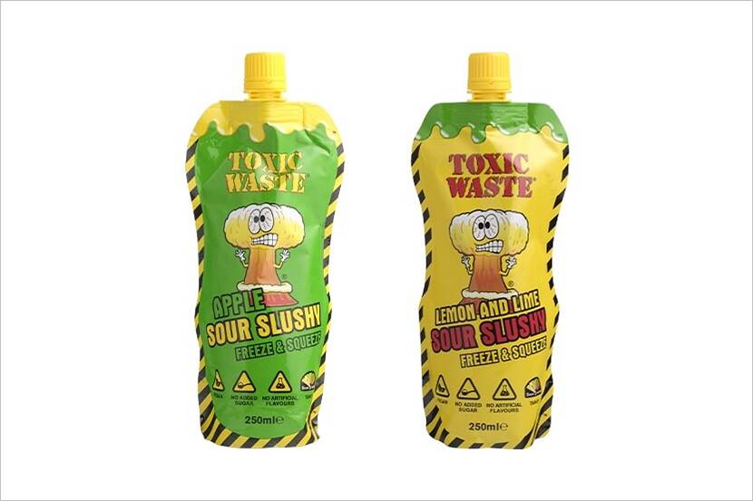 Veiligheidswaarschuwing Toxic Waste Sour Slushy van diverse supermarkten
