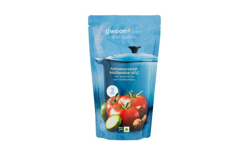 Veiligheidswaarschuwing g'woon tomatensoep Hollandse stijl in zak 570 ml