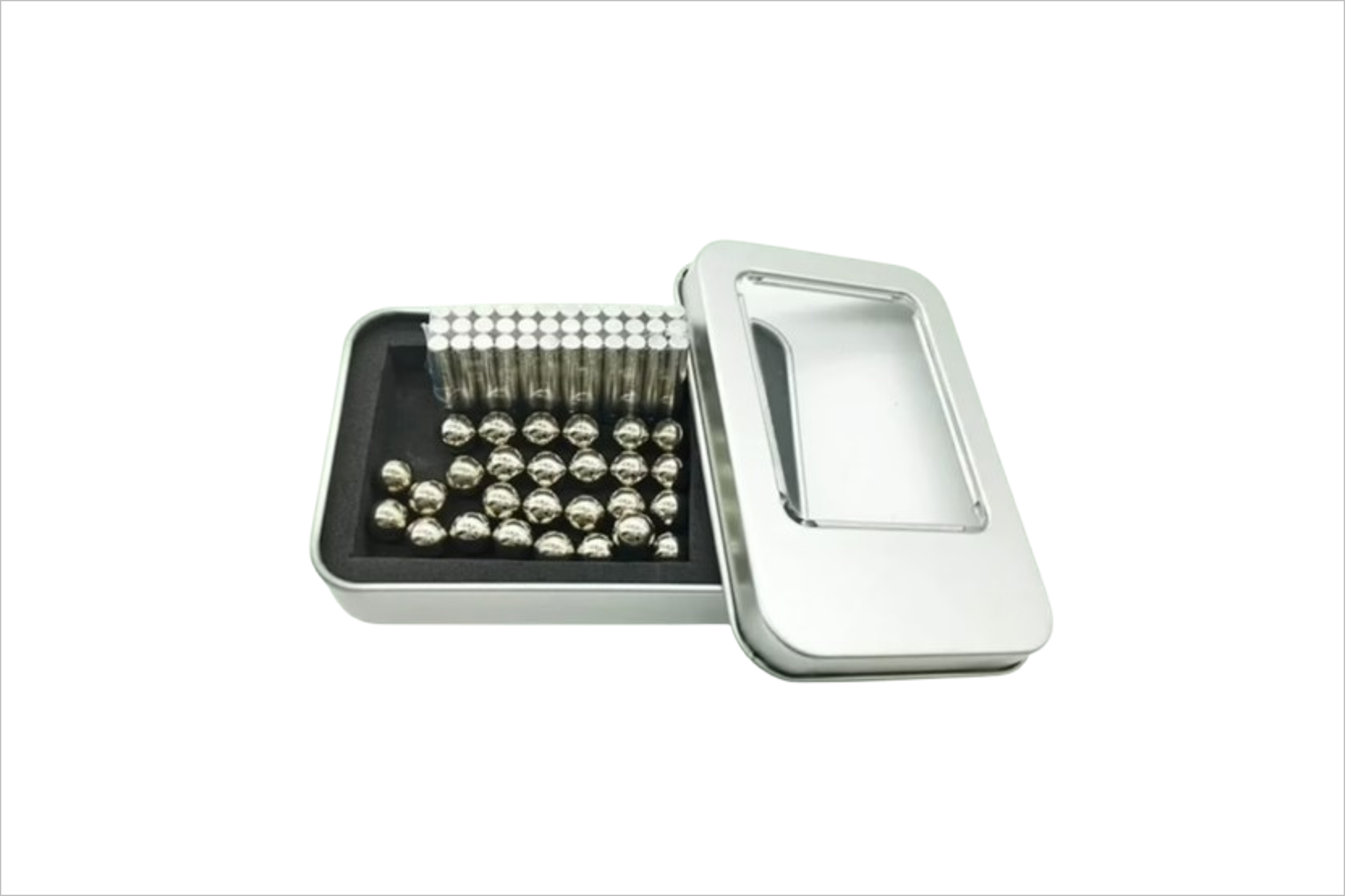 Veiligheidswaarschuwing magneetballetjes en staafjes – zilver (set in tinnen doosje) van MagneetjesWinkel.nl
