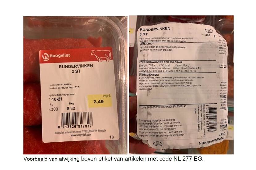 Veiligheidswaarschuwing verscheidene vlugklaar-artikelen slagerij Hoogvliet