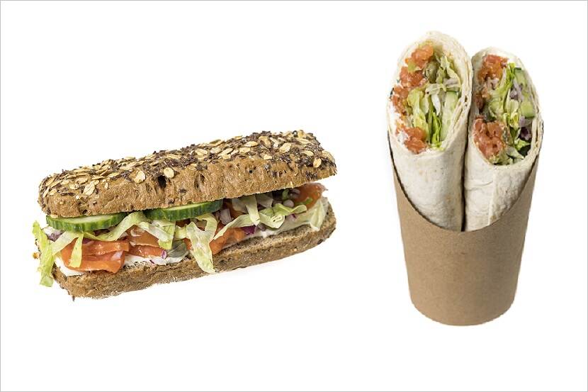 Veiligheidswaarschuwing volkoren bun gerookte zalm en wrap met gerookte zalm Mama's Maaltijden
